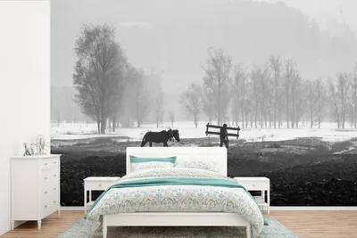 Produktbild von MuchoWow® Fototapete für Wohnzimmer oder Schlafzimmer Wandtapete Vinyl Motivtapete Pferd - Bauernhof - Schnee - 420x280 cm - Zimmer für Kinder