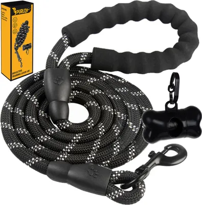 A black dog leash with reflective threads, a padded handle, a bone-shaped waste bag dispenser, and a carabiner clip, presented with its packaging box.