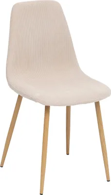 A studio shot of a single beige dining chair with wooden legs.