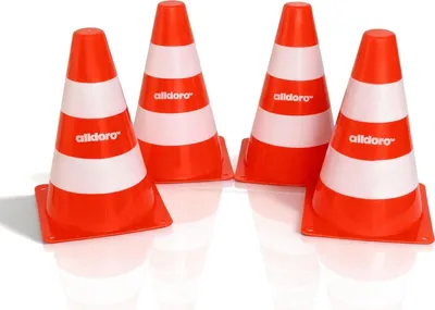 Produktbild von Pylonen 4er Set – Robuste Markierungskegel für Sport, Spiel und Verkehrserziehung, 18 cm hoch, Orange-Weiß, stapelbar