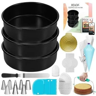 Produktbild von Famanu Backformenset 3-teilig rund - 133-teilig mit Antihaftbeschichtung, Backpapier und Dekorationswerkzeugen