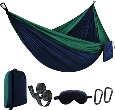 Produktbild von Hängematte Outdoor 270 x 140cm,300kg Tragkraft,Tragbar Hängematte mit Reisetasche & Augenmaske für Garten,Indoor,Balkon,Terrasse,Camping,Grün/Dunkelblau