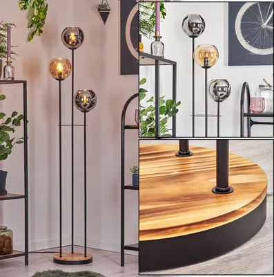 Produktbild von Cesaro Stehlampe Metall/Holz/Glas in Schwarz/Hellbraun/Chrom/Rauch/Bernstein