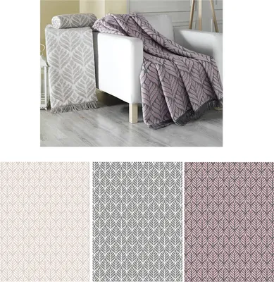 A collage of a blanket draped over a sofa and three swatches of the blanket in different colors.