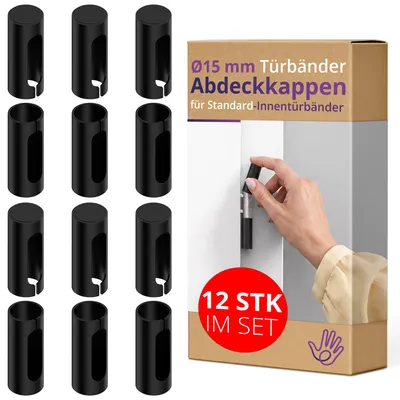 Produktbild von ERGO line Aufsteckhülsen für Türbänder Ø 15 mm – 12 Stück Schwarz – Kunststoff Zierhülsen für Türscharniere, Türband-Abdeckkappen