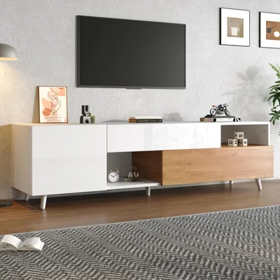 Zdjęcie produktu dla Szafka pod telewizor Sweiko 180x38x50 cm, szafka lowboard z dolnymi drzwiczkami i 1 szufladą, szafka pod telewizor z 7 półkami, szafka pod telewizor z wysokim połyskiem, stolik pod telewizor, komoda do salonu, odpowiednia dla telewizorów o przekątnej około 75 cali.