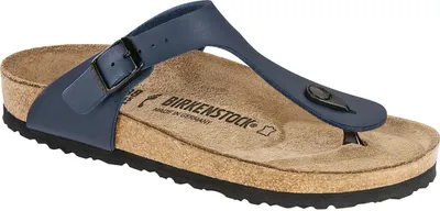 A single blue Birkenstock Gizeh sandal is shown from a side angle against a white background.