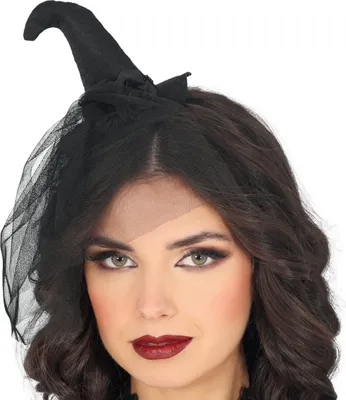 Produktbild von Hexen Kopfstück Mit Schleier Zauberhaftes Kopfaccessoire Für Halloween Hexenhut Stilvoller Haarreif Samtiger Look Für Gruselige Verkleidung Kostüme, Farbe: Schwarz