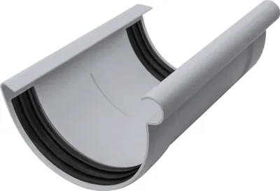 A close-up studio shot of a gray PVC gutter connector with black rubber seals.