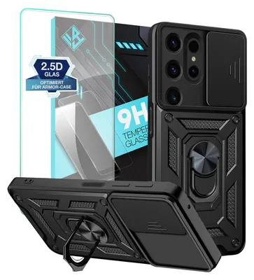 A product image showcasing a black phone case and a screen protector for a Samsung Galaxy S24 Ultra.