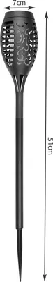 A black solar garden torch with dimensions indicated.
