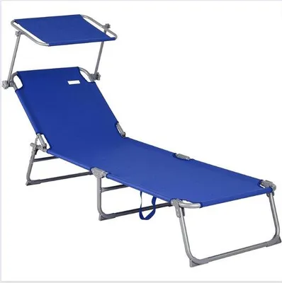 Image de Chaise longue de plage pliable avec parasol - Lit de voyage avec auvent - Dépliable et portable - Lit de camping disponible en plusieurs couleurs - Bleu