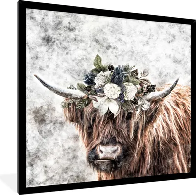 Produktbild von MuchoWow® MuchoWow® Gerahmtes Poster Schottisches Hochlandrind - Schottische Kuh - Blumen 40x40 cm - Poster mit zchwarzem Bilderrahmen - Mit Rahmen - Wanddekoration Schlafzimmer