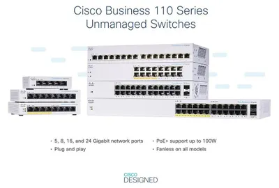 Produktbild von Cisco Business 110 Series 110-24PP - Switch - unmanaged - 12 x 10/100/1000 (PoE) + 12 x 10/100/1000 + 2 x Kombi-Gigabit-SFP - an Rack montierbar, Desktop, wandmontierbar - PoE (100 W) - wiederaufbereitet