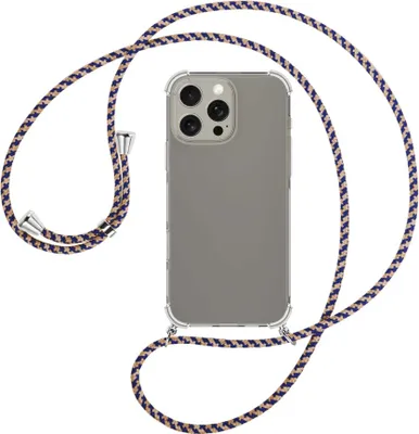 Produktbild von Handykette Backcover-Schutzhülle mit Band (Metall silberfarben) für iPhone 16 Pro Max - blau+beige