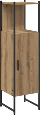 A tall, narrow cabinet with a wood-grain finish and black metal frame, shown against a white background.
