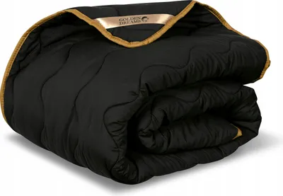 A folded black blanket with a gold trim and a label.