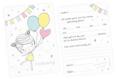 Produktbild von 10 Einladungskarten Mädchen mit Luftballons mit GLITZER inkl. 10 transparenten Briefumschlägen Kindergeburtstag Einladung