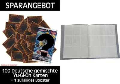 A collection of Yu-Gi-Oh! cards and a booster pack are shown next to an empty card binder.
