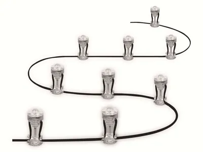 A string of LED lights on a black wire, arranged in a wavy pattern against a white background.