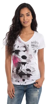 Produktbild von Yakuza Damen Flower Style Curved V-Neck T-Shirt, Weiß, XL