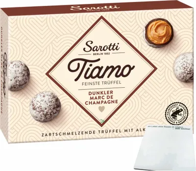 Produktbild von Sarotti Tiamo Trüffel Praline Dunkler Marc de Champagner (125g Packung) + usy Block