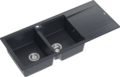 Produktbild von QUADRON Spülbecken 2-Becken Spüle | Größe: 116 x 50 x 21 cm | EVAN 121 | Küchenspüle Granitspüle aus GraniteQ mit Siphon | Schwarz & Stahl