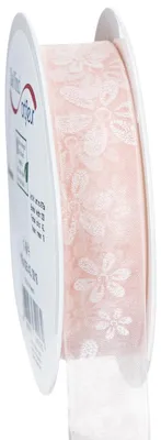 Produktbild von Organzaband Blumenmuster Rosa 25mm 18m – Romantisches Dekoband für Geschenke und Hochzeitsdeko