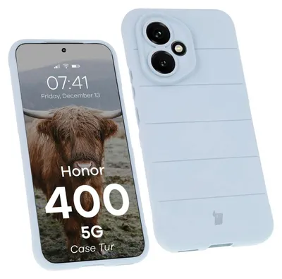 A light blue phone case is shown next to a smartphone displaying a lock screen with a bull image and time.