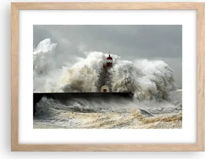 Produktbild von Gerahmtes Poster - Rahmen in heller Eiche - Leuchtturm Ozean Sturm - 40x30 cm - Wand Bild - Wanddeko - Wandbilder - Wandposter - Bilderrahmen - Bilder - Kunstdruck - Wandbild - P2NAA40x30-2442