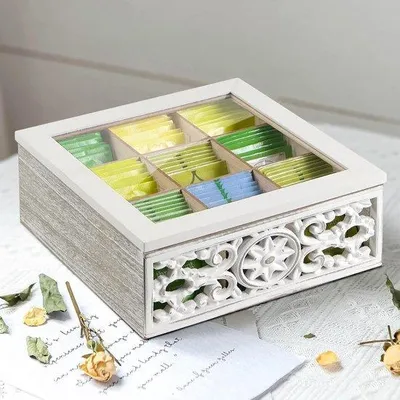 Produktbild von Holzteebeutelbox mit Sichtfenster 9 Fächer