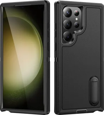 Produktbild von Hülle für Samsung Galaxy S23 Ultra Hybrid Dreilagige Robust Stoßfest Schwerlast Schutzhülle mit Ständer Schwarz