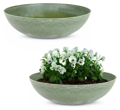 Produktbild von Runde bauchige 45 cm Pflanzschale für draussen, grün marmoriert