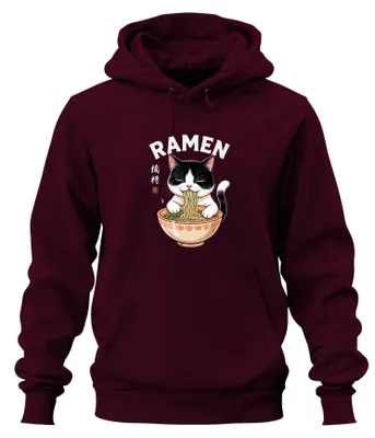 Obrázok produktu pre Mikina s kapucňou "Ramen Katze" s motívom mačky a nudlí, v japonskom štýle, zábavný dizajn, farba: bordová, veľkosť: XXL