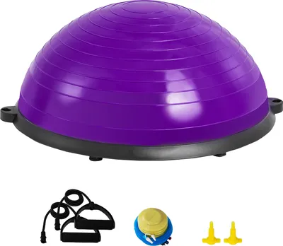Produktbild von SucceBuy Halb-Gymnastikball-Trainer, 58,4 cm Balance-Ball, 295 kg Stabilitätsball, Yoga-Ball mit Widerstandsbändern und Fußpumpe, Kraft-Fitnessball für das Heim-Fitnessstudio, Lila