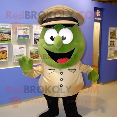 Obrázok produktu pre Maskot spoločnosti REDBROKOLY, Olive Bagels, je oblečená v ľanovej košeli a má pripevnenú broš
