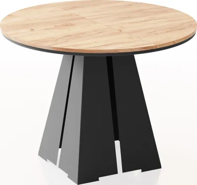 Produktbild von Runder Ausziehbarer Esstisch mit Schwarzem Metallgestell - Moderner Industrieller Tisch für Esszimmer oder Küche - 100 cm bis 180 cm -  EU - Craft Eiche