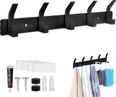 Zdjęcie produktu dla Wieszak ścienny Unyqoos® wykonany z wysokiej jakości aluminium, odporny na korozję – 5 podwójnych, półksiężycowatych haczyków, matowy czarny kolor, udźwig do 15 kg, montaż bez wiercenia