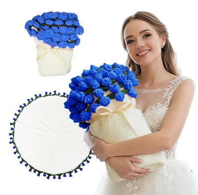 Gehäkelte Blumendecke 80 cm, 52 Rosen, handgefertigt, blau