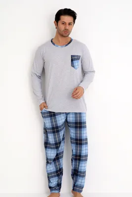 Produktbild von Herren Pyjama Set Schlafanzug 100% Baumwolle 2tlg Brusttasche Karo Hose L-3XL
