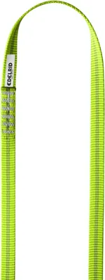 A neon green climbing sling with a white label.