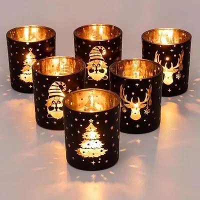 Image de Lot de bougeoirs de Noël en verre noir - Décoration de table de Noël - Décoration de cheminée - 6 pièces