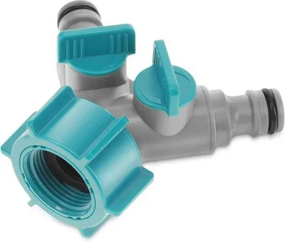 Produktbild von Doppelklemmzange für Gartenschlauch - 2-fach Wasserverteiler mit Adapter 1x 3/4" auf 2x 1/2"