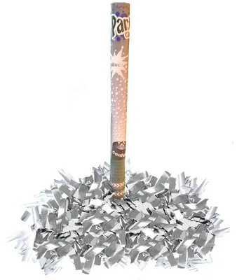 Silberne Konfettikanone mit schimmernden Silberfolien-Streifen für Hochzeiten, Jubiläen und Events.
