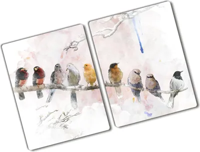 Produktbild von Tulup Glas Herdabdeckplatte - 2x40x52 cm - Glaskeramikkochfeld-Abdeckung Spritzschutz Glasabdeckplatte Kochplattenabdeckung und Schneidebrett - Zweiteilig - Tiere - Vögel auf dem Ast - Mehrfarbig