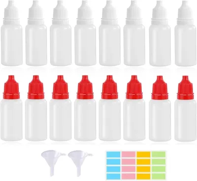 Produktbild von 48 Stück 15 ml Tropfflaschen mit Trichter und Etiketten, Flüssigkeiten