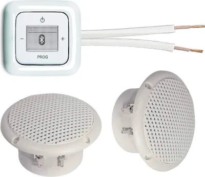 Produktbild von Busch Jäger Unterputz Bluetooth-Radio Unterputz Radio 8217 U (8217U) alpinweiß Komplett-Set Reflex SI + 2 x Deckenlautsprecher (Feuchtraum/Badezimmer) Einbaulautsprecher + Radioeinheit + Bedienelement + Rahmen + 20 m Lautsprecherkabel