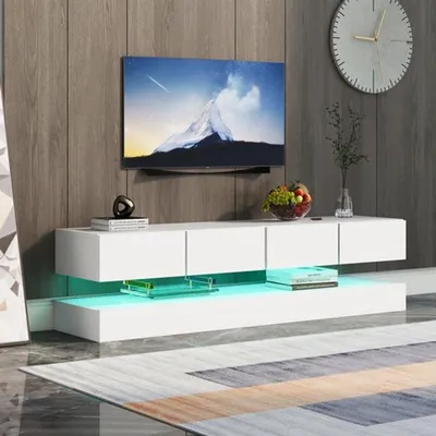 Obrázek produktu pro TV stolek, rozměry 130x33x15 cm, bílý, vhodný pro televizory do 55 palců, nízká komoda s zásuvkami a LED osvětlením