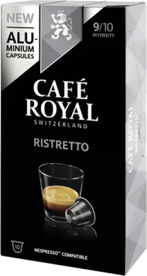A product box for Cafe Royal Ristretto coffee capsules.