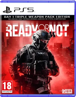 A video game box cover for 'Ready or Not' featuring a SWAT officer.